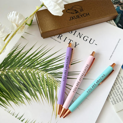 Jxueych Inspirational Metal Pens for Women (3-Pack) - Empowering Quotes: 'AWESOME/AMAZING/APPRECIATED' with Gift Box & Card - Gifts for Nurses, Teachers, Coworkers & Farewells