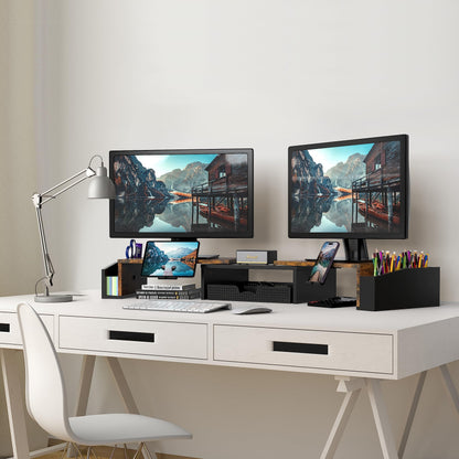 Simple Houseware Desk Dual Monitor Stand Riser with Drawer, Rustic Brown