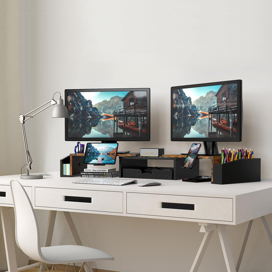 Simple Houseware Desk Dual Monitor Stand Riser with Drawer, Rustic Brown