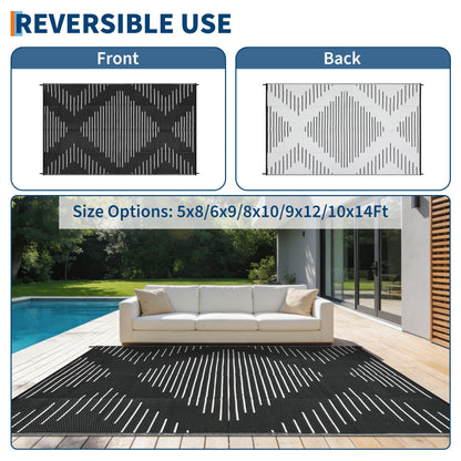 Garvee Waterproof Outdoor Area Rug 9x12 Plastic Reversible Rug for Patio Decor Easy-Cleaning Large Floor Mat for Camping RV Porch Deck Backyard Balcony Picnic Black White