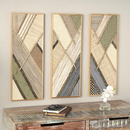 Deco 79 Wooden Geometric Handmade Home Wall Decor Textured Mixed Media Diagonal Wall Sculpture, Set of 3 Wall Art 12" W, 32" H, Brown