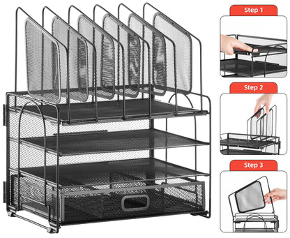 Marbrasse Desk Organizer with Drawer, 4-Tier Mesh File Organizer with 5 Vertical File Holders and 2 Pen Holders, Multifunction Desktop Organizer,Desk Organizers and Accessories for Home Office