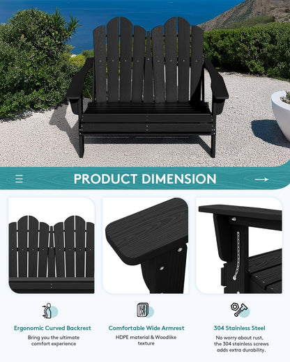 SERWALL Folding Adirondack Bench, HDPE All-Weather Adirondack Loveseat, 660 lbs Capacity, Foldable Outdoor Patio Bench for Deck, Lawn, Garden, Black