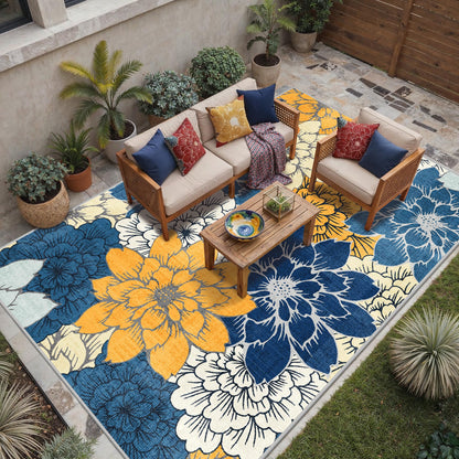 GENIMO Indoor Outdoor Area Rug 10'x14', Machine Washable Rugs for Patio, Waterproof, Non-Slip Easy Cleaning Floral Outdoor Mat Carpet for Living Room, Bedroom, RV, Balcony, Deck, Camping, Navy Blue