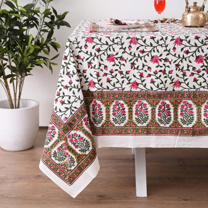 DecorAvenue Hand Block Printed Cotton Tablecloth Elegant Floral Design Soft & Durable Perfect for Dining Table Kitchen Parties Home Decor (Rosy Elegance, 6 Seater 60 x 90 Inches Rectangle)