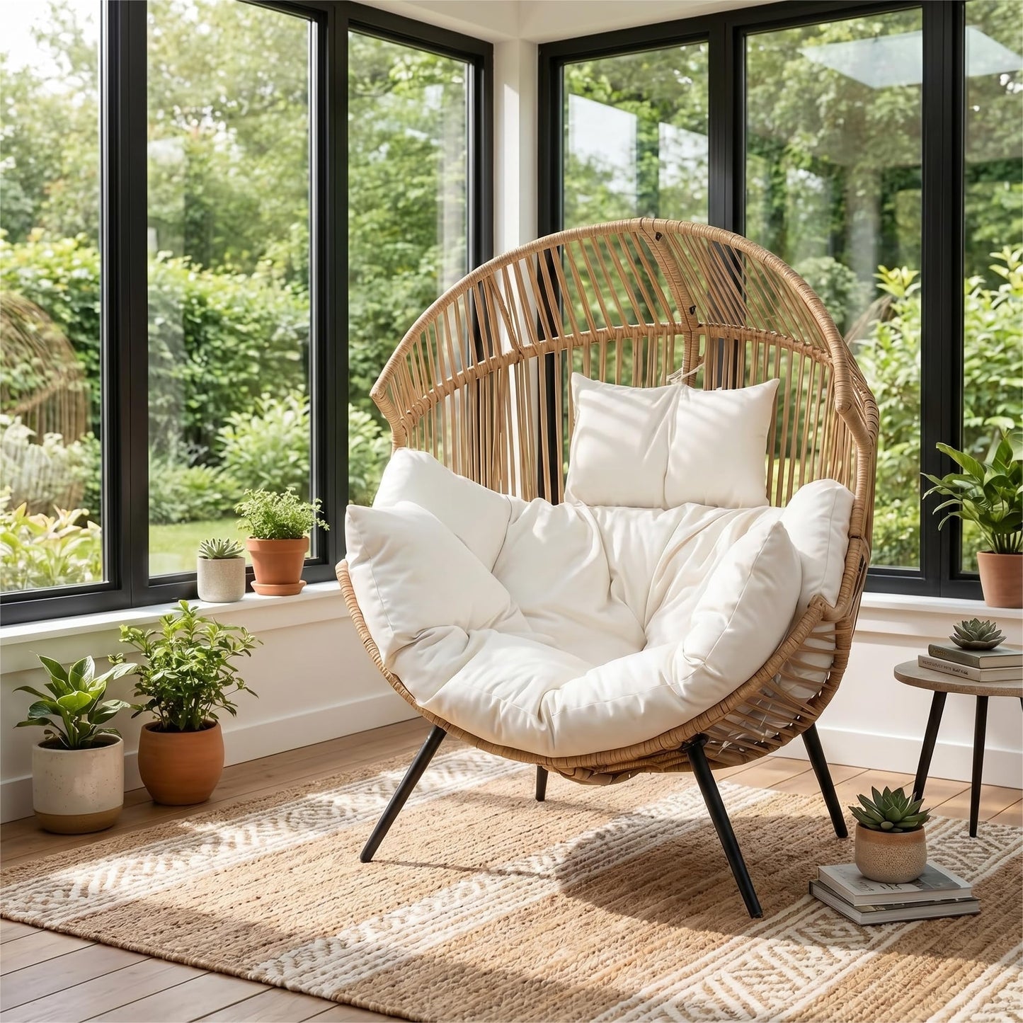 Oversized Outdoor Wicker Egg Chair, Patio Lounge Chair Basket Seat with Thick Cushion, All Weather Indoor Outdoor Porch Rockers for Balcony, Living Room, Lawn Garden