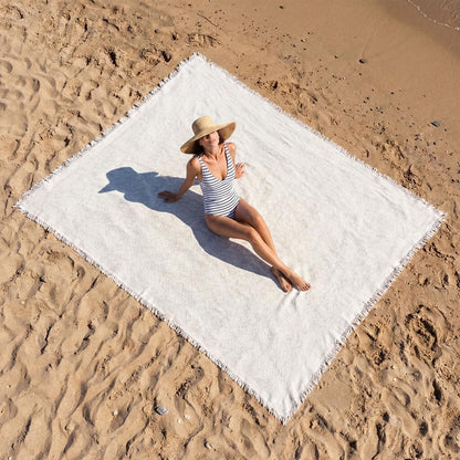 Hillsuren Giant Beach Blanket with Fringe 91 x 71 Inch Waffle Woven Cotton Oversize Yarn Outdoor Picnic Blanket Bohemia Sandproof Beach Towel for Spring Summer Camping Accessories(Milky White)
