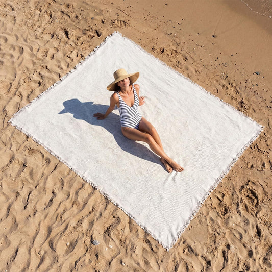 Hillsuren Giant Beach Blanket with Fringe 91 x 71 Inch Waffle Woven Cotton Oversize Yarn Outdoor Picnic Blanket Bohemia Sandproof Beach Towel for Spring Summer Camping Accessories(Milky White)