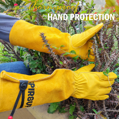 SPIR8UP Cowhide Rose Pruning Gloves, Thorn Proof Long Gardening Gloves for Women & Men, Durable Gauntlet for Cactus Handling (Yellow, Large)