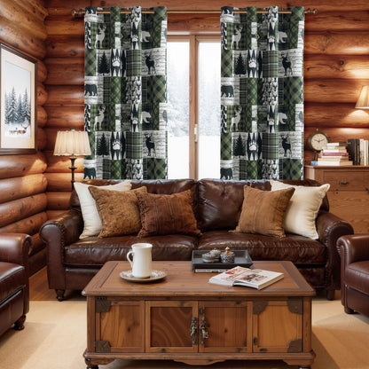 Dark Green Rustic Cabin Curtains 2 Panels Country Curtain 50% Light Blocking Darkening Grommet Window Treatments Farmhouse Patchwork Plaid Drapes Decorative for Living Room Bedroom, 52x96 inches