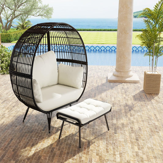 Tangkula Oversized Wicker Egg Chair with Ottoman, Patio Lounge Basket with 5 Soft Cushions, Stable Metal Frame, Gorgeous Indoor Outdoor Lounge Chair, Ideal for Living Room, Backyard, 450 LBS Max Load