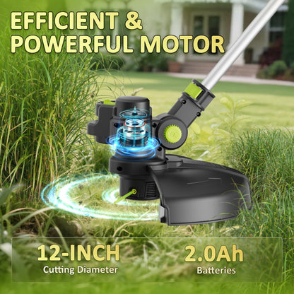 20V Cordless String Trimmer, 2.0Ah Battery Powered with Fast Charger, 12'' Grass Cutter with Auto Line Feed, 3-in-1 Electric Lawn Mower Grass Trimmer & Edger Lawn Tool with 8 Lines for Yard, Garden
