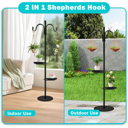 76" Thicken Shepherds Hooks for Outdoor - Dual Shepherd Hooks for Hummingbirds Feeder with 2 Stands, Bird Feeder Pole with a Flat Base for Deck, Plant Stand Indoor, Wreath and Wind Chimes Hanger