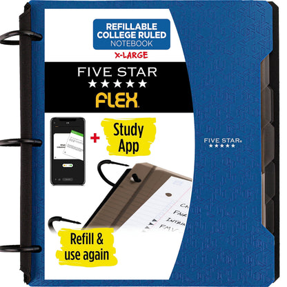 Five Star Flex Refillable Notebook + Study App, College Ruled Paper and 1-1/2 Inch TechLock Ring Binder with Pockets, Tabs and Dividers, 300 Sheet Capacity, Pacific Blue (29324AD2)
