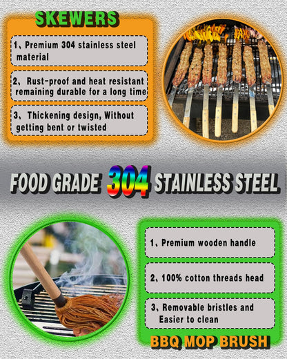 JOWHONK 23.5" Long Kabob Skewers,1 Inch Wide 304 Stainless Steel Barbecue Skewers for Grilling with Wooden Handle,Metal Flat BBQ Skewer for Koubideh Brazilian Shish Kebab Skewer(8),BBQ Mop Brush(1)