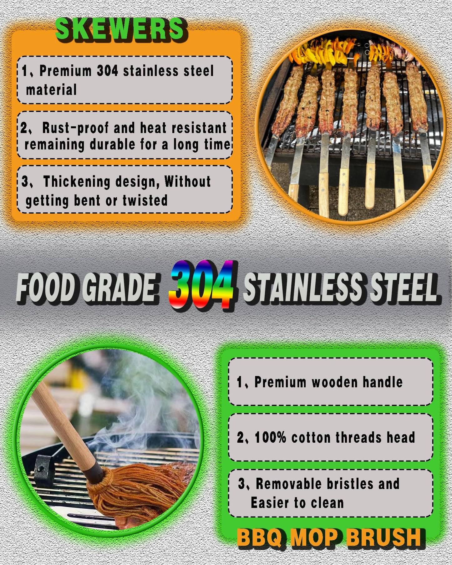 JOWHONK 27" 304 Stainless Steel Skewers for Grilling,1 Inch Wide Extra Large Skewers for Kabobs with Wooden Handle,Metal Flat Barbecue Skewer Make Koobideh Brazilian-BBQ Skewer(4),BBQ Mop Brush(1)