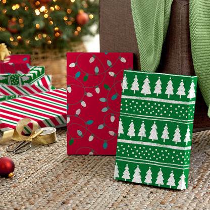 Hallmark Medium Christmas Gift Boxes with Lids (12 Shirt Boxes, 3 Designs: Lights, Trees, Red and Green Stripes) for Christmas, Holiday Parties, Hostess Gifts