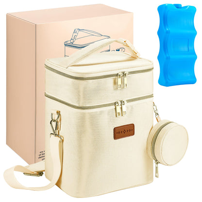 Breast Milk Cooler Bag with Ice Pack, Breastmilk Cooler Travel Bag Fits 6 Bottles up to 9 oz, Double Layer Insulated Baby Bottle Cooler & Breast Pump Storage Bag for Working Nursing Moms, Beige