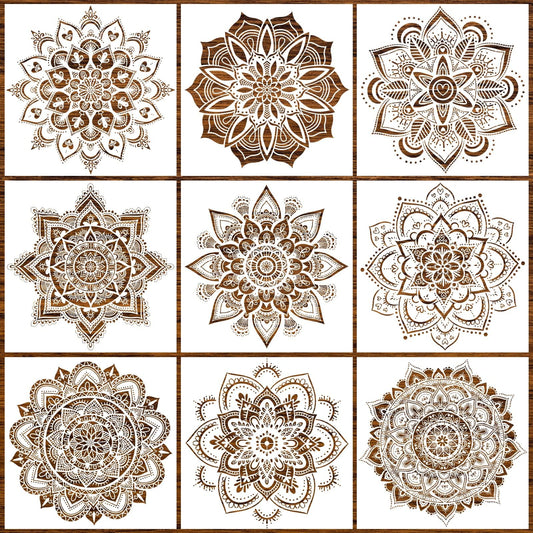 9-Piece Mandala Stencil Set - Reusable Mandala Painting Templates for DIY Wall, Tile, Furniture, Canva, Outdoor & Indoor Decoration