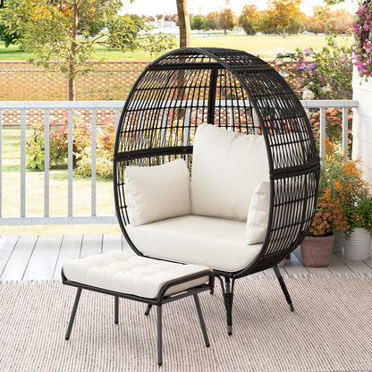 Tangkula Oversized Wicker Egg Chair with Ottoman, Patio Lounge Basket with 5 Soft Cushions, Stable Metal Frame, Gorgeous Indoor Outdoor Lounge Chair, Ideal for Living Room, Backyard, 450 LBS Max Load