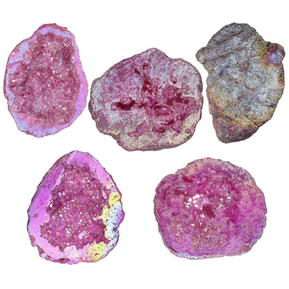 SUNYIK Natural Rainbow Titanium Coated Quartz Geode Quartz Crystal Cluster Specimen for Home Office Decoration Reiki Healing Meditation, 100-200g(0.2-0.4lb), Rose Red