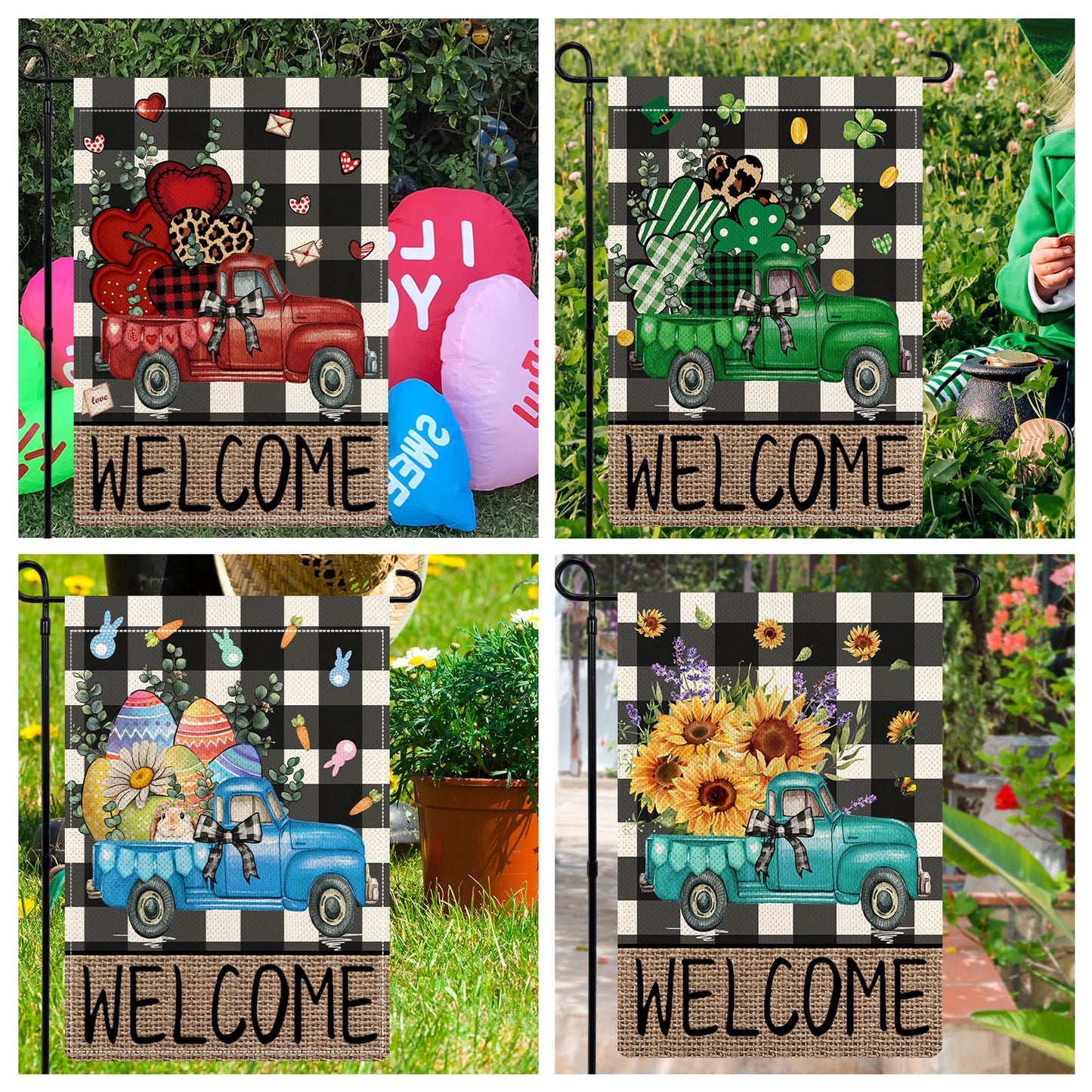 YOVOYOA Rustic Truck Buffalo Plaid Garden Flags for Outside Set of 12, Welcome Seasonal Garden Flags 12x18 Double Sided, Car Holiday Lawn Flags, Winter Spring Outside Decorations for Yard