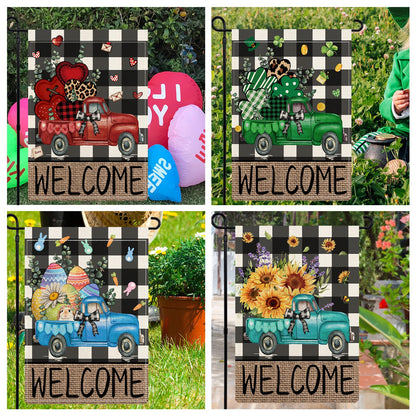 YOVOYOA Rustic Truck Buffalo Plaid Garden Flags for Outside Set of 12, Welcome Seasonal Garden Flags 12x18 Double Sided, Car Holiday Lawn Flags, Winter Spring Outside Decorations for Yard