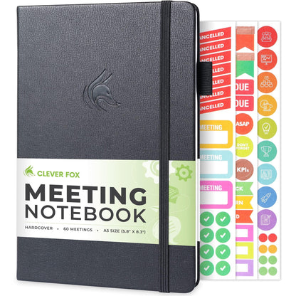 Clever Fox Meeting Notebook – Work & Business Organizer with Notes & Action Items – Notepad for Project Management & Meetings, A5 (Black)