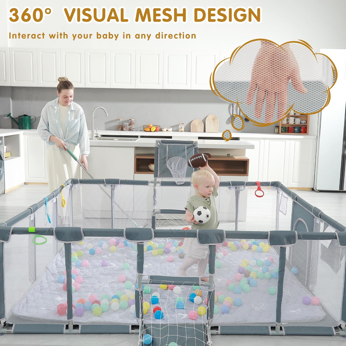 XNWQL Baby playpen, 79"x71"Baby Playpen with Mat Indoor＆Outdoor Playpen for Babies and Toddlers with Breathable Play Pen with Ocean Balls Hanging Pocket Basketball Hoop and Football Goal