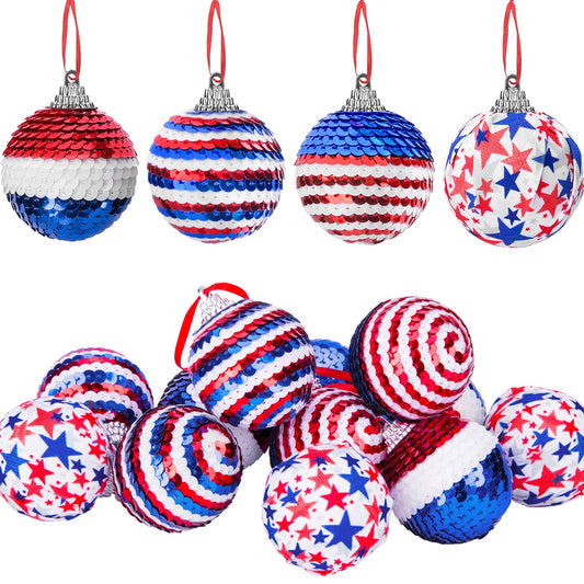 12 Pieces Independence Day Hanging Ball - 2 Inch Memorial Day Sequin Hanging Ball Ornament - 4th of July Red White Blue Tree Decorations for Memorial Day Veterans Patriotic USA Themed Party Supplies