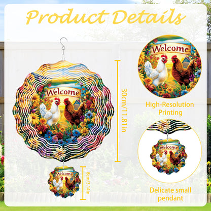 Chicken Wind Spinner Outdoor, Farmhouse Gift for Mom Women, Hanging Metal Wind Catcher with 3" Rooster Center Pendant, 12" 3D Stainless Steel Kinetic Art for Garden Yard