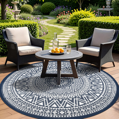 famibay Outdoor Rug Waterproof 6ft Round, Reversible Boho Plastic Straw Patio Camping Area Rugs, Portable Indoor Outdoor RV Mat for Deck, Porch, Balcony, Backyard, Picnic, Beach, Pool, Blue & White