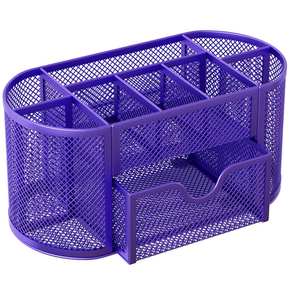 EasyPAG Mesh Pen Holder Desk Organizer with Drawer Stationery Supplies Organizer for Dorm School 9 Compartments Workspace Desk Accessories Organization for Office, Purple