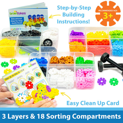 Brain Flakes 1000 Piece Sort ‘n’ Snap Set - Wheel Pieces and Special Parts Included - A Great Stem Toy for Both Boys and Girls
