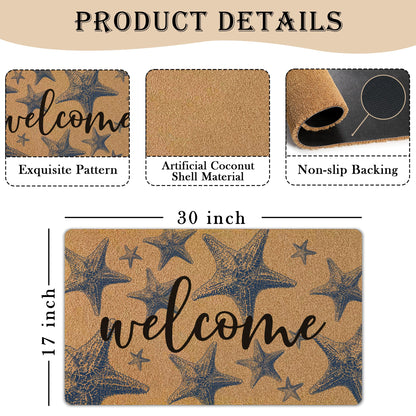 GUULIJEEMIY Coastal Starfish Door Mat, Nautical Blue Starfish Welcome Front Door Mat Rug Outdoor Indoor Entrance, Beachy Ocean Artificial Coir Doormat for Beach House Porch Patio Entry, 30x17 Inch