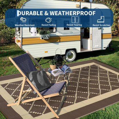 IDEALHOUSE Outdoor Rug, 320GSM PP Plastic Straw Mat, Modern Cross Grid Pattern, Waterproof Breathable Floor Mat, Lightweight Foldable Carpet for Patio Camping RV Backyard, Russet Brown, 9x18ft