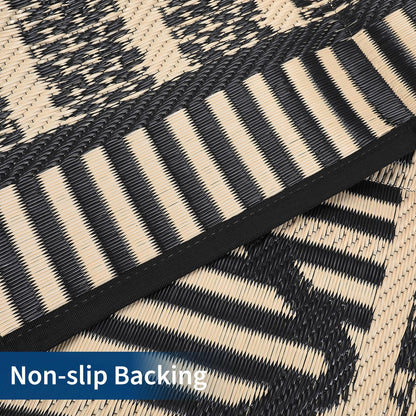 IDEALHOUSE 9x18 Ft Outdoor Rug 320GSM PP Woven Double Sided Same Pattern Waterproof Geometric Patio Mat for Backyard Deck Porch Camping Picnic Beach, Black Coffee