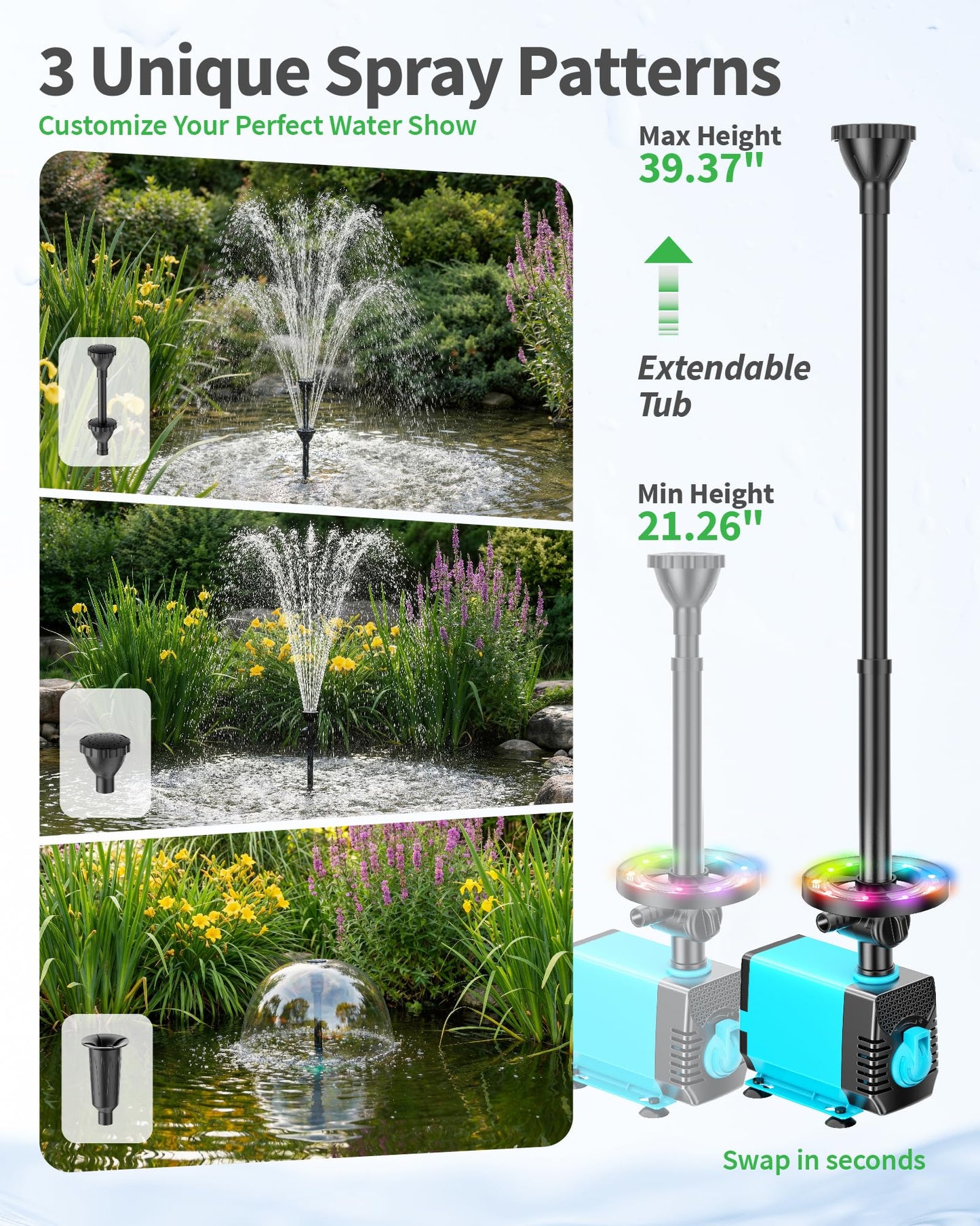 POPOSOAP Pond Fountain Pump Kit with RGB Lights & Remote Control, 660GPH Quiet Submersible Water Pump, Pond Pump with 3 Nozzles for Garden Koi Ponds, Fish Tank,Backyard Water Features Decor-P1104D