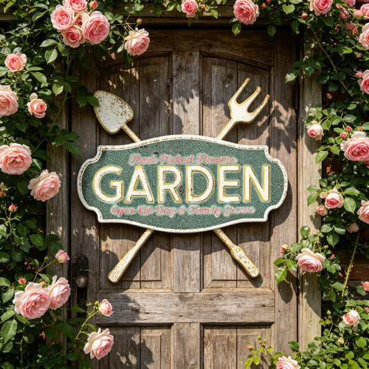 Vintage Garden Metal Wall Decor Sign, 18.11” × 16.54” Distressed Green with Shovel & Fork Design, Rustic Farmhouse Outdoor/Indoor Wall Art for Porch, Patio & Garden Decor