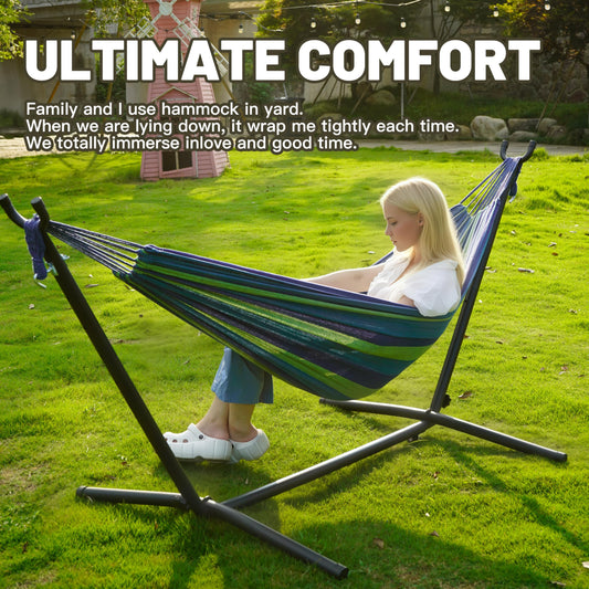 Hammock with Heavy-Duty Steel Stand for Outside，Hammocks 450 Lb Capacity，Portable Hammock，2 People Standing Hammocks，Suitable for Beach，Backyard, Gardens, Patio, Bedroom，100 * 40 * 38 Inch (Blue)