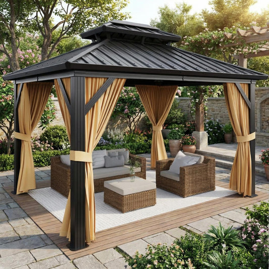 10x12 FT Hardtop Gazebo with Galvanized Steel Double Roof, Heavy-Duty Aluminum Frame Outdoor Gazebo Canopy with Mosquito Netting & Waterproof Curtains for Patio, Backyard, Deck & Lawn