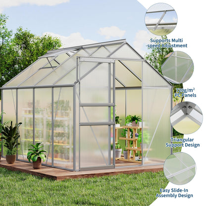 GAOMON Greenhouses, Large Walk in Greenhouses for Outdoors and Garden Planting, Polycarbonate Greenhouse with Enhanced Aluminum Frame, Adjustable Roof Vent ＆ Sliding Door for Winter Use(White, 6*8FT)