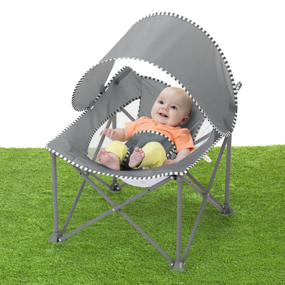 Bright Starts Pop 'N Chill Portable Infant Beach Chair, Travel Seat with UPF 50+ Canopy, Indoor/Outdoor Baby Seat, Grey, 0‑6 Months