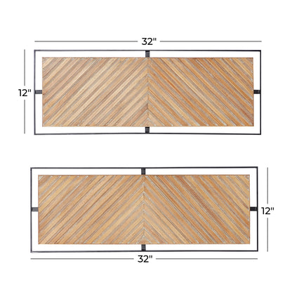 Deco 79 Wooden Geometric Home Wall Decor Linear Carved Wall Sculpture with Black Frame, Set of 2 Wall Art 32"W, 12"H, Brown