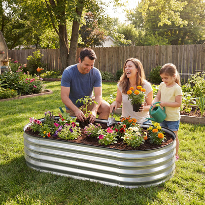 DUMOS 4x2x1ft Oval Galvanized Raised Garden Beds, Outdoor Planter Box with Open Bottom, Metal Garden Bed for Vegetables/Herbs/Flowers, Rustproof Flower Bed for Backyard/Patio, Silver