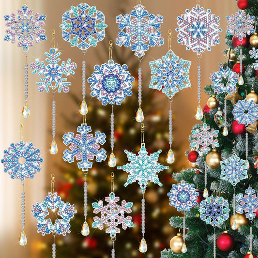 Poen 12 Pcs Winter Diamond Art Snowflake Blue Ornaments Christmas Keychains Kits 5D Holiday Diamond Tags Hanging Pendant Ornaments DIY for Craft Winter Party Supply