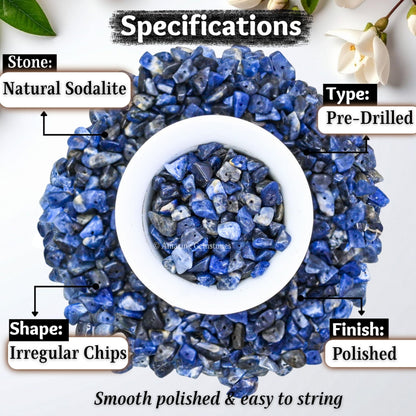 Sodalite Pre Drilled Crystal Crushed Chips Beads for Bracelets Making, DIY Handmade Natural Healing Crystals (25 Inch Strand)