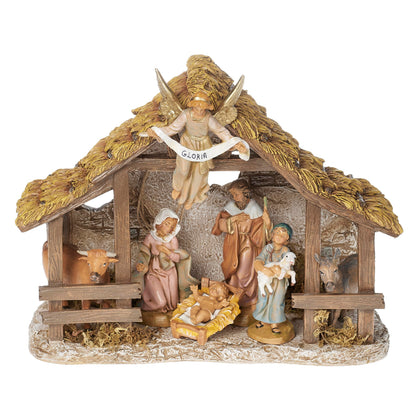 Fontanini by Roman 5" Scale Nativity Set, 7-Piece Holy Family Scene with Shepherd and Animals, Resin Stable with Angel, Classic Christmas Decoration