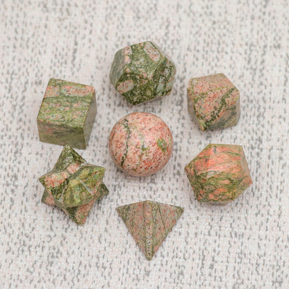 Crocon Unakite 7Pcs Platonic Solids Crystal Geometry Set, Platonic Solids Sacred Geometric Stones for Meditation Reiki Balancing Healing Chakra Stone Cleansing Spiritual Good Luck (15-20 mm)