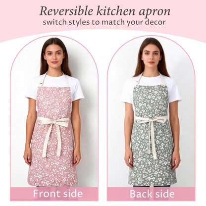 Aoomzoon Kitchen Aprons for Women with 2 Pockets,Double Sided Vintage Adjustable Apron for Gardening Cooking Arting Painting (Pink/Green)